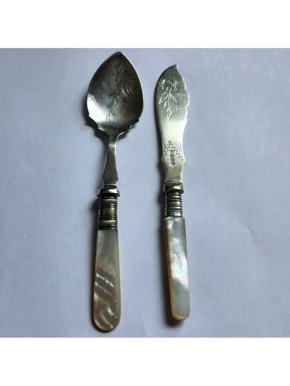 Antique EPNS Preserve Knife & Spoon Set Mother of Pearl Handles 6 1/8"